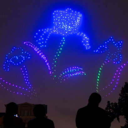 Drones create an image of a 3 flowers