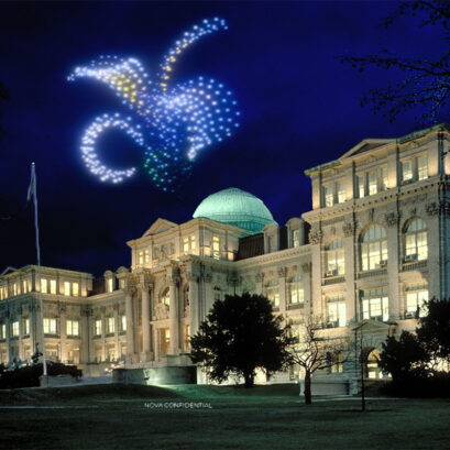 Drones create an image of an Iris over Mertz library